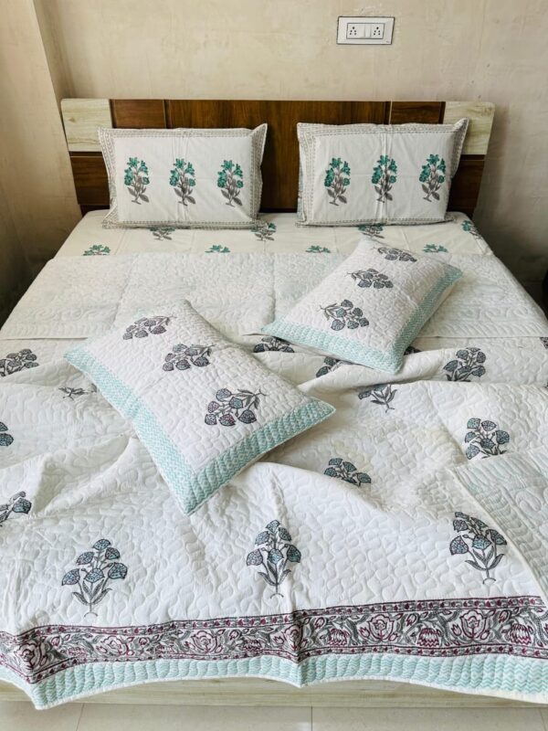 WOODEN HANDBLOCK PRINTED 6 PIECES QUILTED COMFORTER SET - Image 3