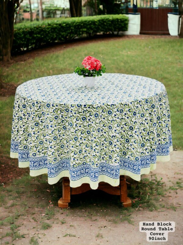 Hand Block Sanganeri Printed 8-Seater Round Table Cover - Image 2