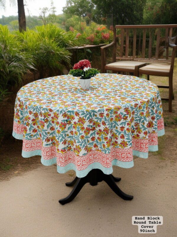 Hand Block Sanganeri Printed 8-Seater Round Table Cover - Image 4