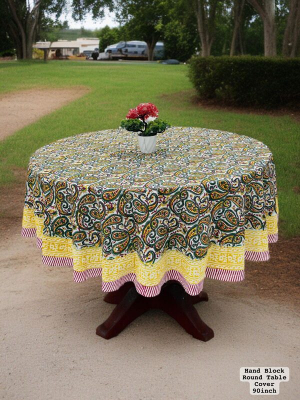 Hand Block Sanganeri Printed 8-Seater Round Table Cover - Image 3