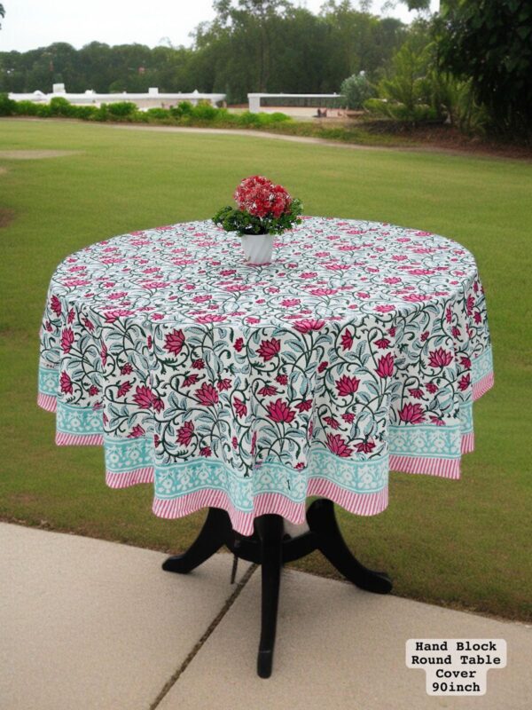 Hand Block Sanganeri Printed 8-Seater Round Table Cover - Image 5