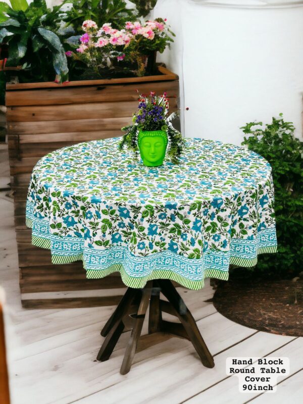 Hand Block Sanganeri Printed 8-Seater Round Table Cover - Image 9