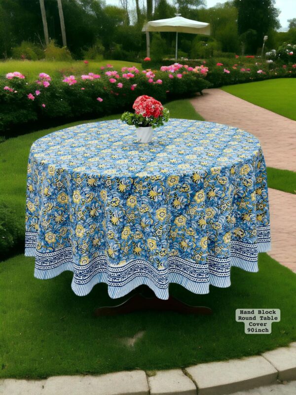 Hand Block Sanganeri Printed 8-Seater Round Table Cover - Image 8